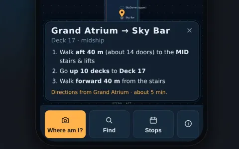 Aboard Map on a phone, giving step-by-step directions from the Grand Atrium to the Sky Bar on deck 17