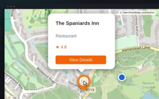 BarkLife's map by Hampstead Heath, with The Spaniards Inn's pop-up showing its 4.6 rating