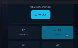 Pitchpath's interval quiz, with the octave chosen and marked correct