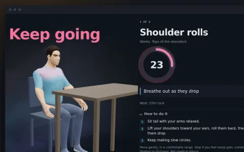 Posture's break screen: a 3D guide doing shoulder rolls beside the move's countdown ring